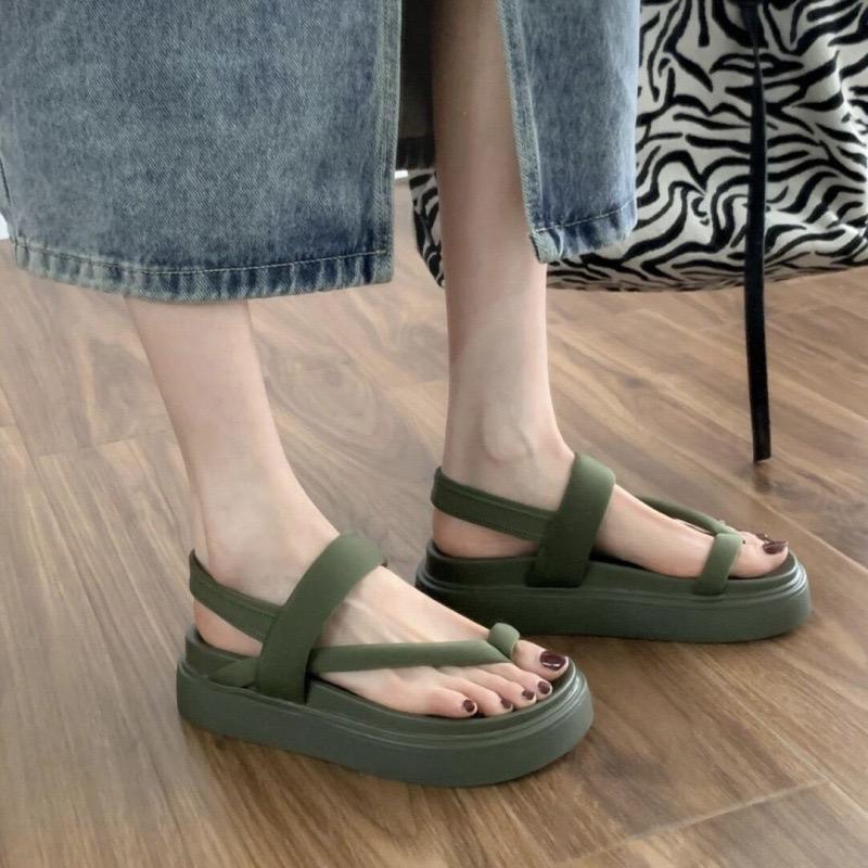  Dép Sandal Nữ Xỏ Ngón Màu Đen Rêu Quai Vải Đế Cao 4 Cm Phong Cách Hàn Quốc Thoải Mái & Thời Trang Temo 