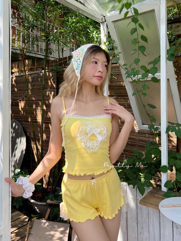 Valentine set - set ngủ, bộ mặc nhà 2 dây chất thun cotton phối ren trái tim