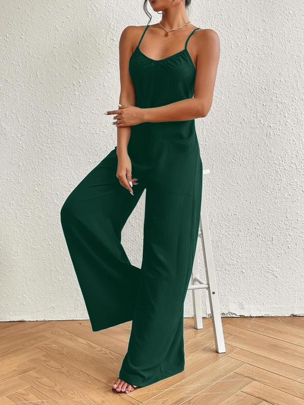 Women's Minimalist Plain Criss Cross Backless Cami Jumpsuit for Summer, Summer Clothes, Womenswear Basic Casual Sleeveless Pocket Wide Leg Jumpsuit for Lady Summer, Ladies Clothes for Daily Wear 2