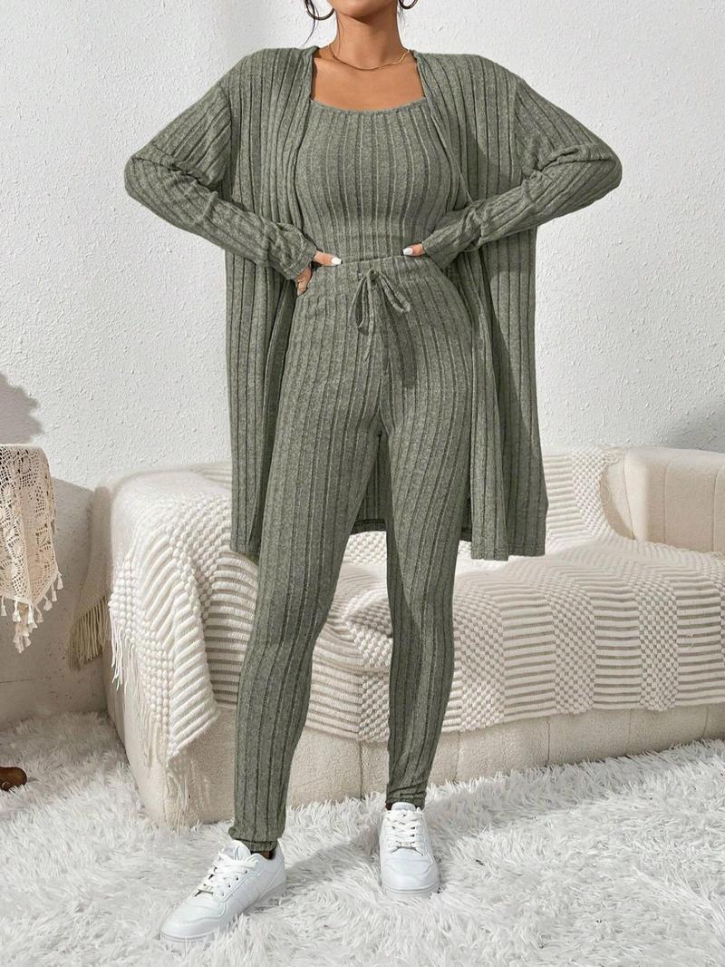 Product Introduction of 【Plus Size】 Three-Piece Set Solid Color Set, Casual Fashion Drop Shoulder Open Front Outerwear & Drawstring Waist Pants & Tank Top Set for Daily Outdoor Wear, Co-ord Sets, Women's Lounge Clothing for Fall & Winter 1