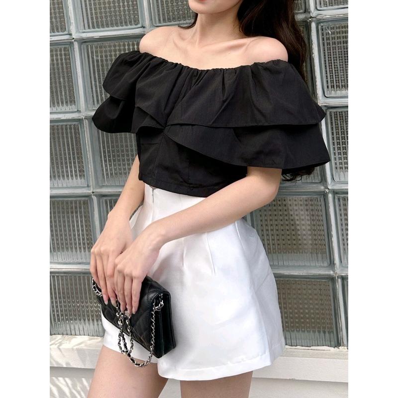 Áo croptop kiểu trễ vai bèo nữ không mút ngực dễ thương chất vải chéo giãn mềm mại chóng nhăn