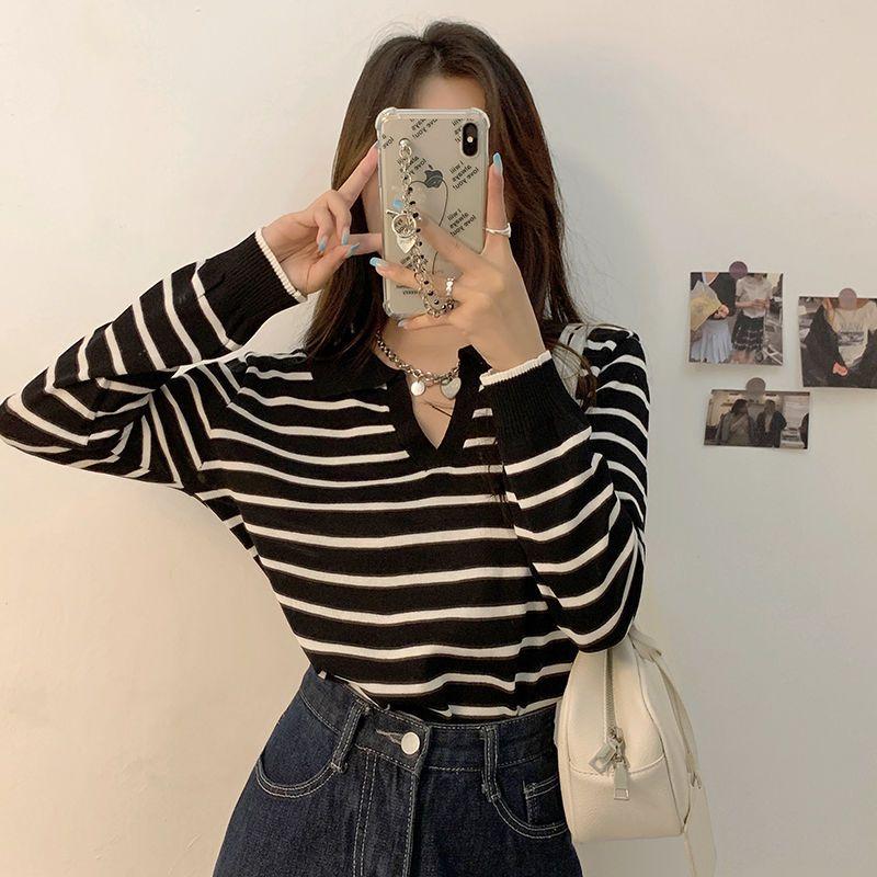 Đồ Len Cổ Polo, Hàng Mới Về Mùa Xuân Và Mùa Thu, Áo Sơ Mi Lớp Nền Mỏng Sọc Cho Nữ, Có Thể Mặc Ngoài Trời, Thiết Kế Khăm Áo Thời Trang, Quần Áo Nữ Top Women aolennu ưachuông aolen uniq  lovietnam 5