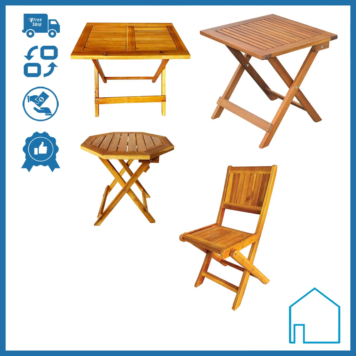 Bàn Gỗ Bát Giác, Hình Vuông & Chữ Nhật, Ghế Gỗ Xếp Gấp Gọn Dành Uống Nước Sân Vườn, Cà Phê, Uống Trà, Dã Ngoại - Hàng Loại 1 - Giá Xưởng