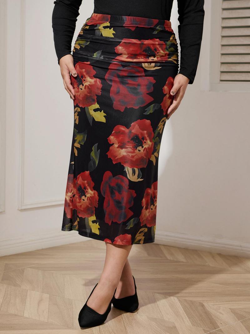 Product Introduction of YOZY-CURVZY Plus Size Floral Print Ruched Tulle Skirt, Casual Fashionable Skirt for Daily Outdoor Wear, Women Plus Clothing for All Seasons 3