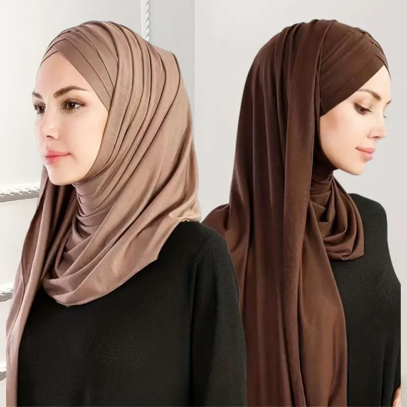New Three-Layer Crossed Brim Headscarf with Tie, Solid Color Mercerized Cotton Jersey Long Shawl Cape