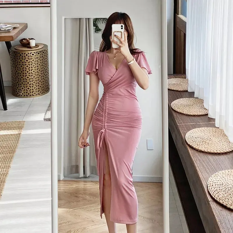 Maxi Dress Wanita Serut V Neck bodycon Belahan Kaki lengan Butterfly bahan spandex jersey Ruffle sleeve S M L XL