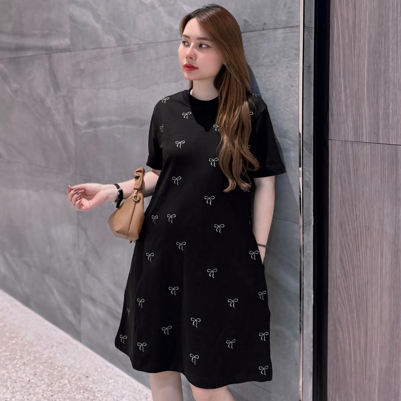 Váy Chữ A Suông _ Dáng Ngắn _ Thêu Họa Tiết Nơ Lấp Lánh_ Cổ Tròn, Tay Lửng, Chất Cotton Mềm Mịn, Che Khuyết Điểm Tốt, Bầu Có Thể Mang Được Dress Màu Nâu Nhung Voan