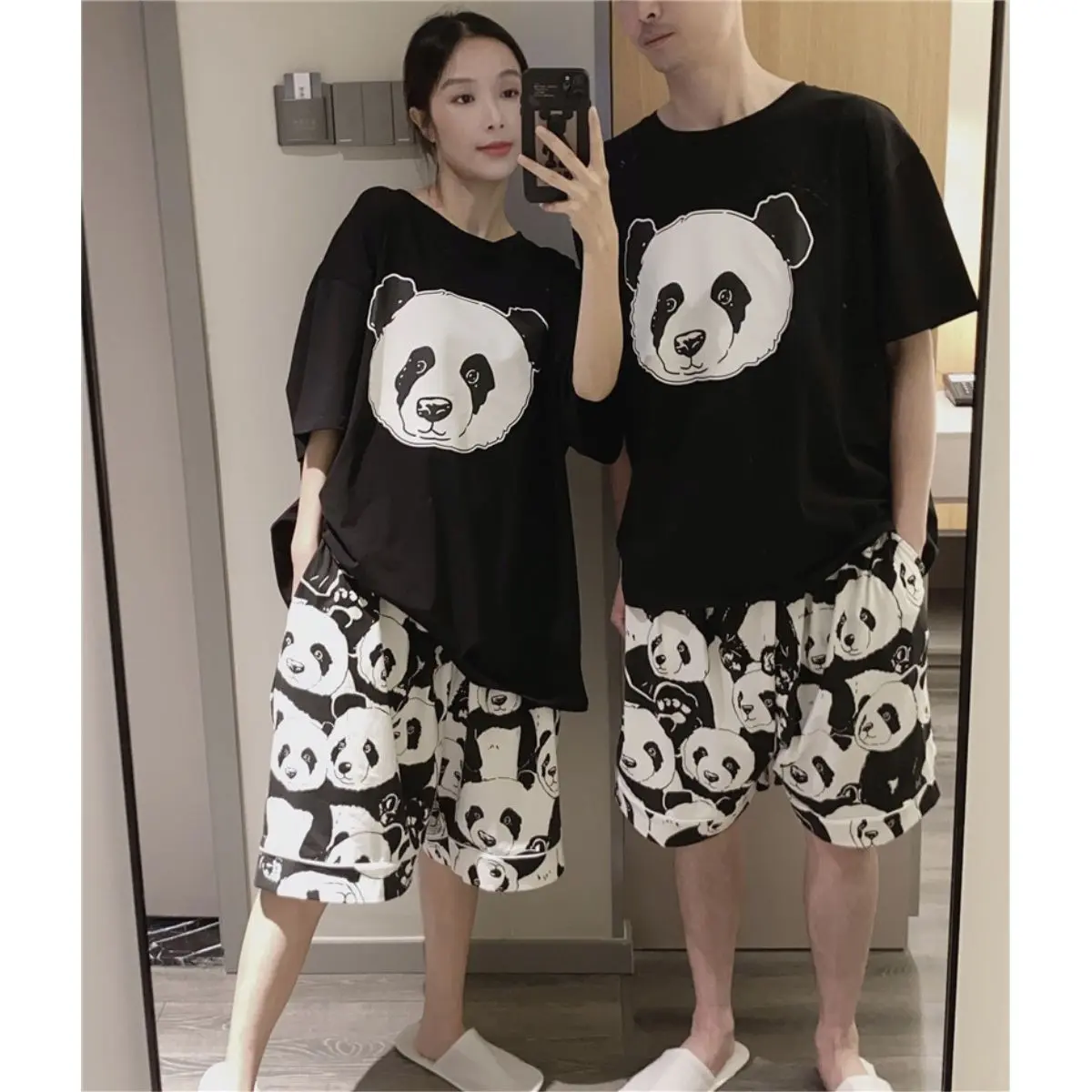 Bộ Đồ Ngủ Cặp Đôi, Phong Cách Hàn Quốc, Quần Đùi ngắn Tay, Mỏng Và Rộng Mùa Hè, Thiết Kế Gấu Trúc, Ngoại Cỡ 150kg, Bộ Đồ Mặc Nhà, 2 Món