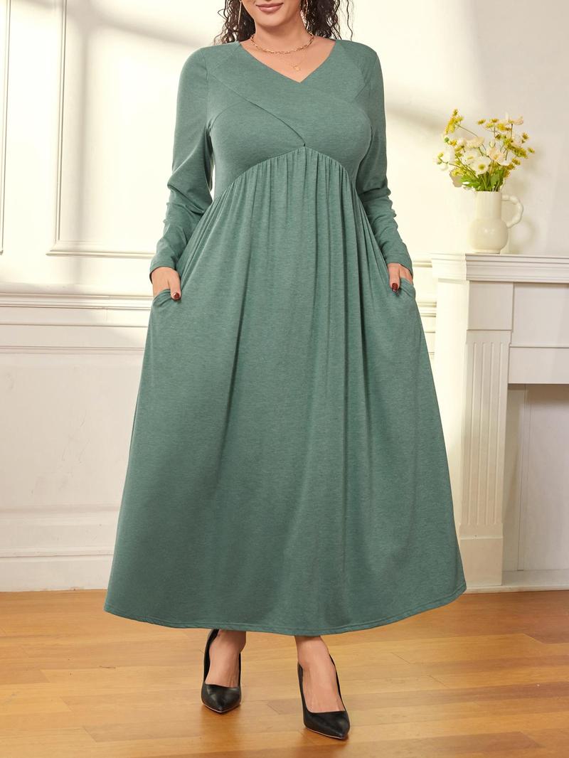 Product Introduction of CURVZY Plus Size Solid Pocket V Neck A Line Dress, Casual Long Sleeve Long Dress for Daily Wear, Women's Plus Clothing for All Seasons 4