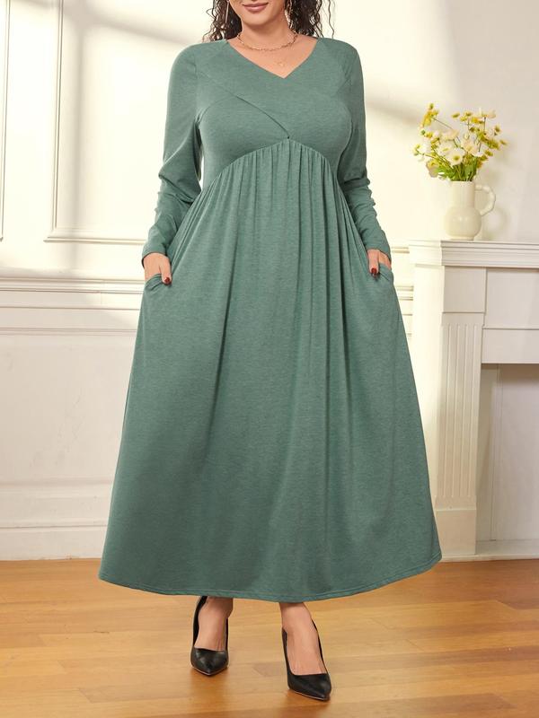 CURVZY Plus Size Solid Pocket V Neck A Line Dress, Casual Long Sleeve Long Dress for Daily Wear, Women's Plus Clothing for All Seasons 3