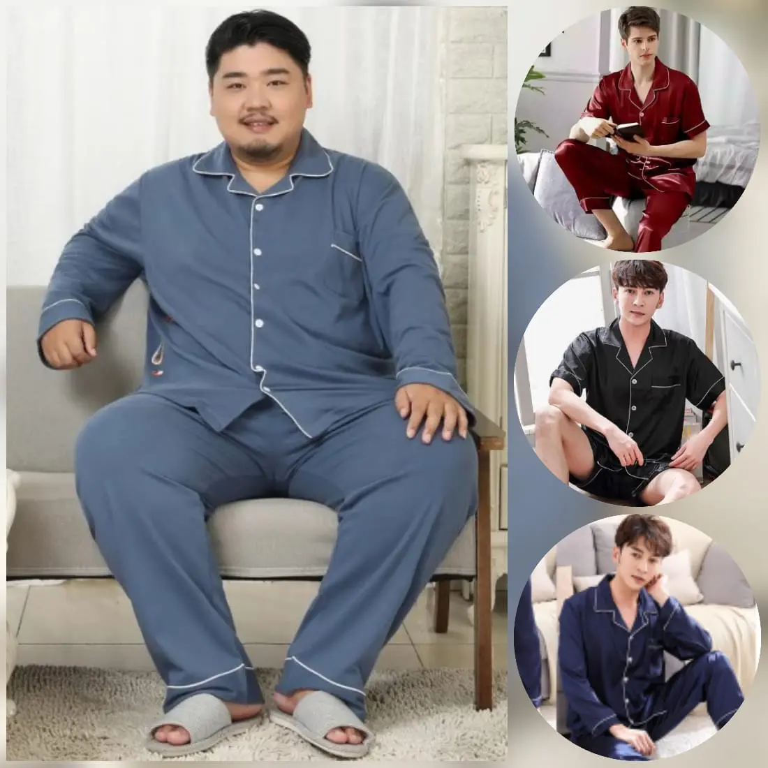 piyama cowok/pria/laki laki baju tidur setelan lengan pendek dan panjang abg sampai jumbo satin silk polos terbaru Sutra