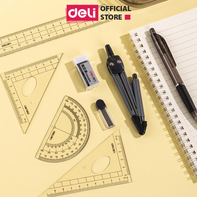 Bộ thước kẻ eke compa 8 món Deli - chuyên dụng cụ học tập cho học sinh eke thước kẻ tẩy chì đồ dung học tập bút chì kim hộp nhựa chắc chắn