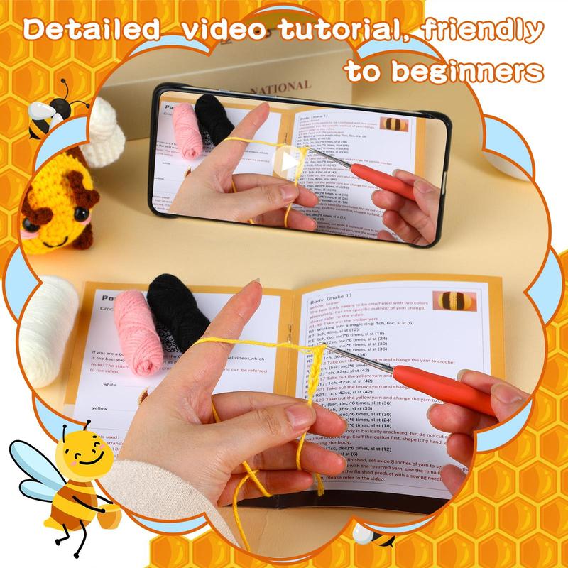 Bee Pattern Crochet Kit, 2 Counts Crochet Starter Kit with Step-by-Step Video Tutorials & Complete Accessories, Crochet Supplies for Beginners Adults DIY Craft Supplies 4