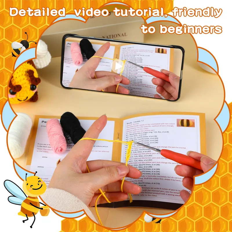 Bee Pattern Crochet Kit, 2 Counts Crochet Starter Kit with Step-by-Step Video Tutorials & Complete Accessories, Crochet Supplies for Beginners Adults DIY Craft Supplies 4