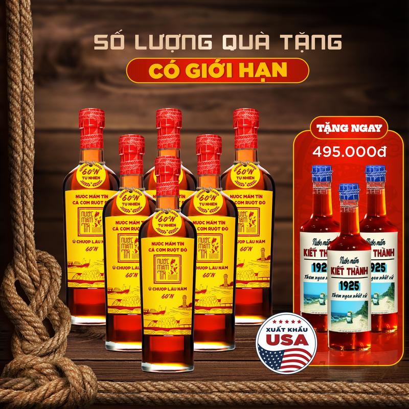 [Thùng 6 nước mắm 60N - 500ml] Nước Mắm Tĩn Cá Cơm Ruột Đỏ Độ Đạm 60N Chai Thuỷ Tinh 500ml/chai Truyền Thống Nước Sốt Gia Vị