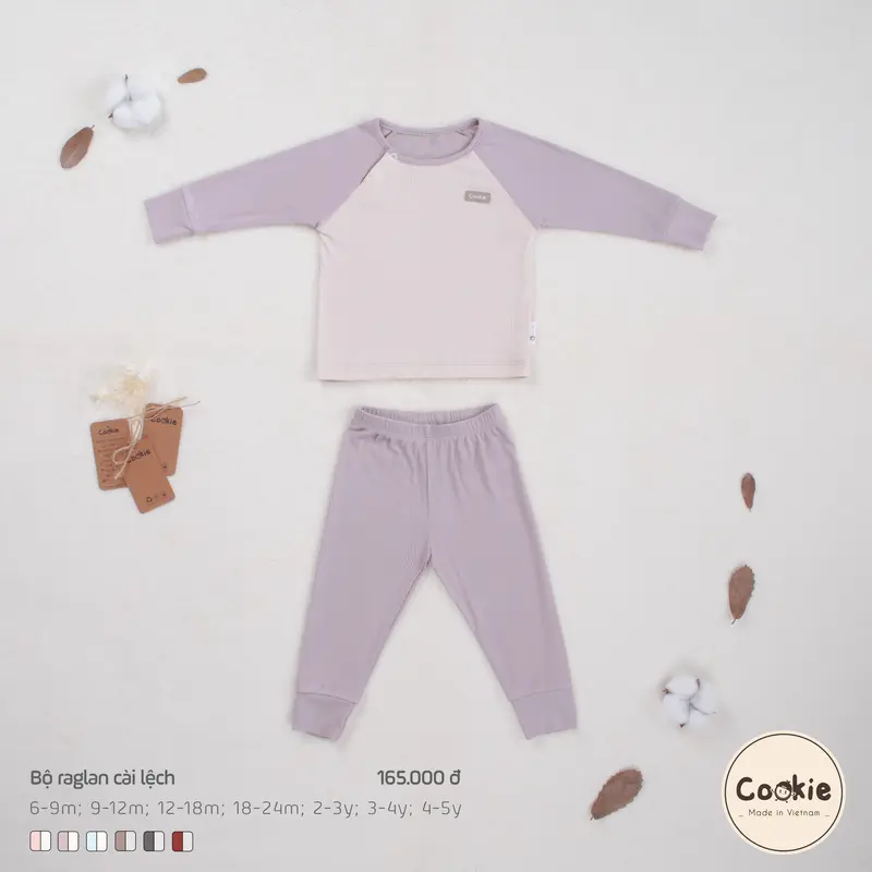 Bộ Quần Áo Dài Tay Cookie Raglan Cài Lệch Cho Bé Size 6-9M Đến 4-5Y, Chất Liệu Cotton Tăm Lạnh 5