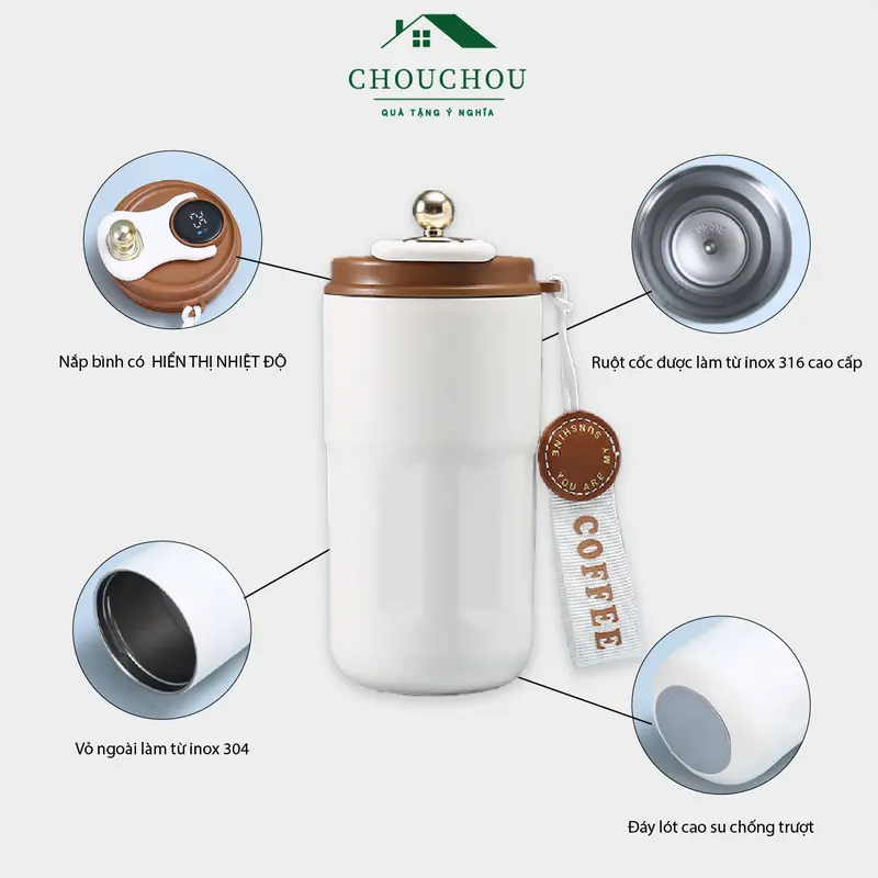 [Miễn Phí Khắc Tên] Cốc giữ nhiệt CHOUCHOU có LED hiển thị NHIỆT ĐỘ Inox 316, 420ml. 2