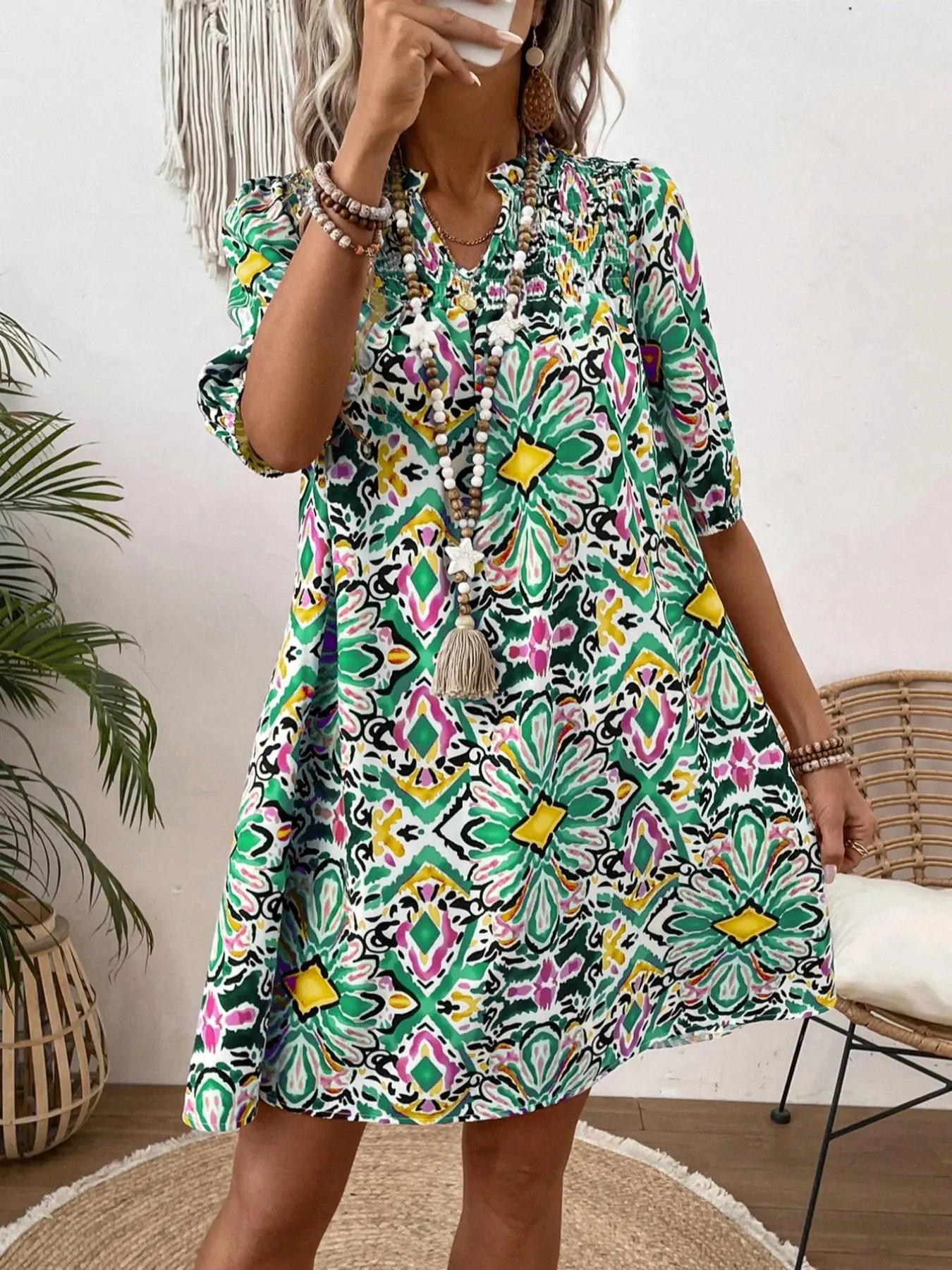 Women's All Over Print Dress, Casual Short Sleeve Dress for Summer, Women's Clothing for Daily Wear