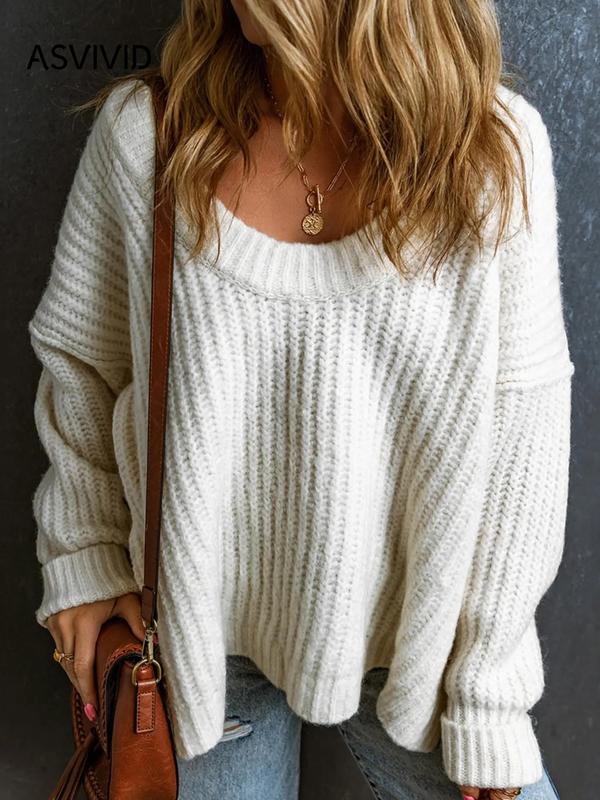 Women's Plain Textured Split Hem Scoop Neck Sweater without Necklace, Casual Drop Shoulder Long Sleeve Jumper for Fall & Winter,  Knitwear for Daily Wear 7