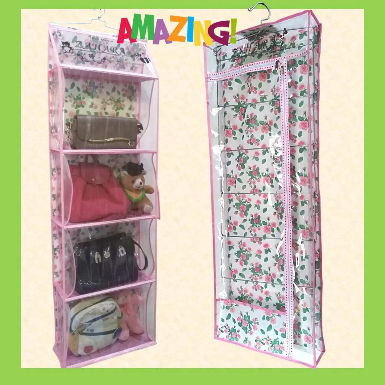 PROMO PAKET RAK JILBAB GANTUNG MIKA PLASTIK TEBAL DAN RAK TAS KARAKTER ZAHARA JUMBO PINK FLOWER multifungsi
