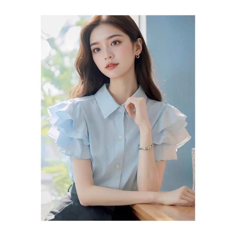 Product Introduction of (in Stock) European Goods Beautiful Fashion Casual Temperament High-Grade Super Nice Top Blue Ruffled Short Sleeves Women's Shirt Women's Summer Blouse Lingerie 1