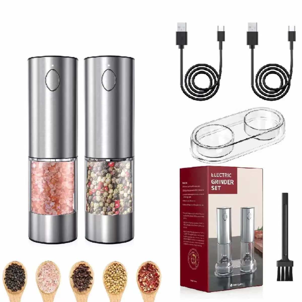 Electric Salt & Pepper Grinding Machine, 2 Counts/set Rechargeable Adjustable Coarse Salt & Pepper Mill with Base, Kitchen Seasoning Utensils