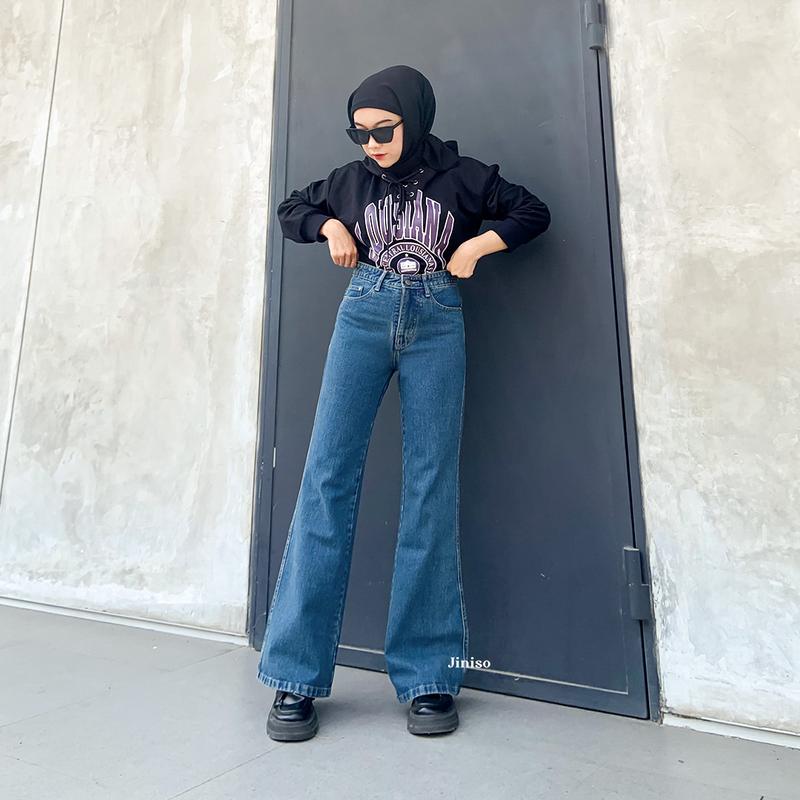 JINISO HOTTY GANG - 329 Cutbray Highwaist Celana Jeans Wanita Warna Ocean Blue 6