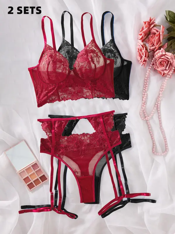 Women's Solid Lace Sexy Lingerie Three-Piece Set, Push Up Bra & Thong & Garter Belt Set, Soft Comfy Breathable Lingerie Set for Women 3