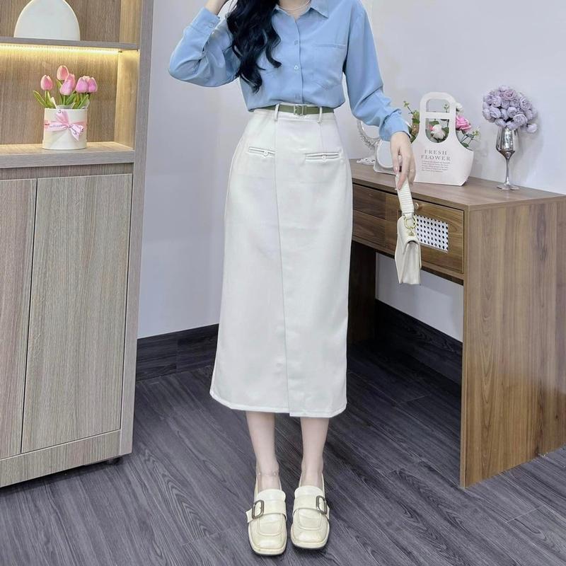 Chân váy Susuclothing  suông midi dáng dài có tà đắp có túi khóa kéo sau d80cm kèm đai, A TÀ CÚC NHỎ 83 Nữ Women