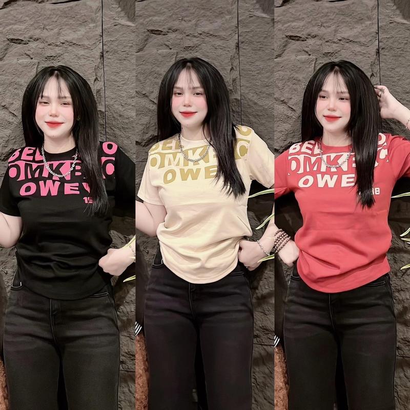  B122_Áo thun nữ  fom vừa  chữ cổ ép nổi Nữ 