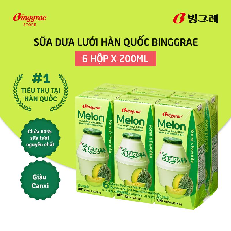 Lốc Sữa Dưa lưới Hàn Quốc Binggrae Melon Milk 200ml x 6 hộp