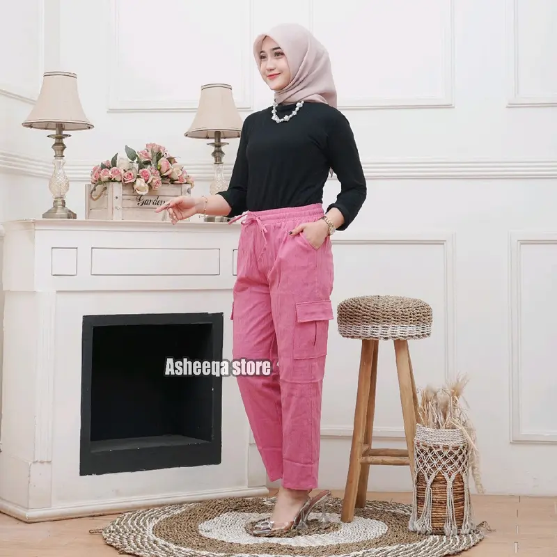CELANA CARGO WANITA LINEN CRINKLE PREMIUM Karet Panjang Basic Katun 0