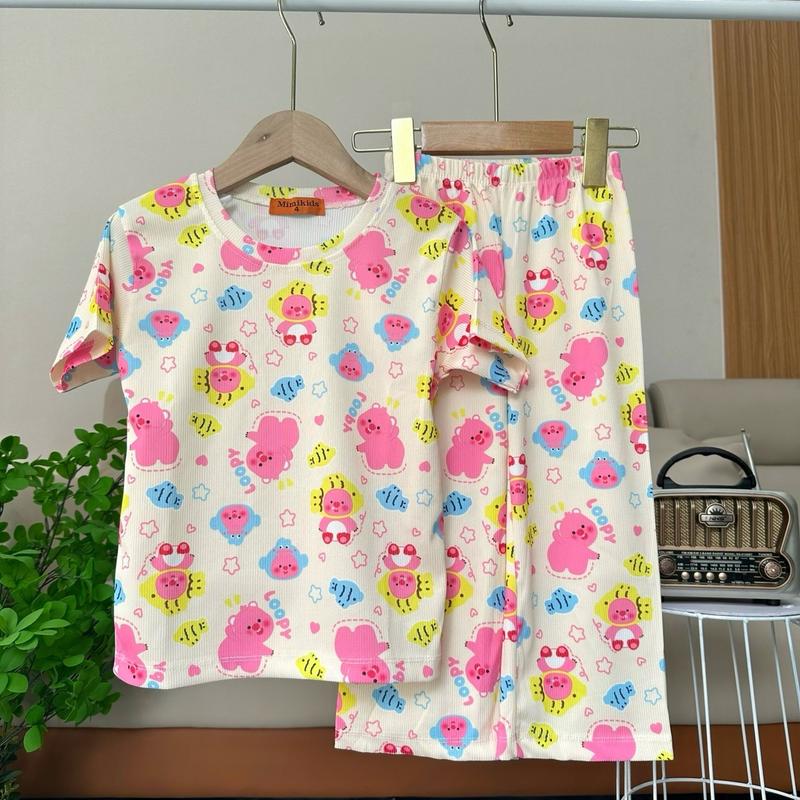   COMBO 2 BỘ QUẦN DÀI LỘN XỘN  TAY NGẮN+ TAY DÀI HÌNH NGẪU NHIÊN chất thun gân và thun lạnh mặc mát thấm hút mồ hôi cho bé gái Em bé Trẻ sơ sinh Thoải mái Thoáng khí 