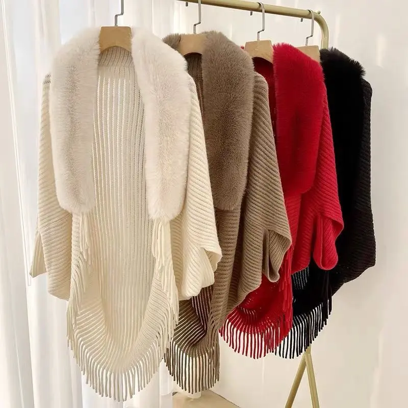 Áo Khoác Khăn Choàng, Áo Choàng Dễ Phối Đồ Dáng Rộng Vừa Vặn, Cổ Lông Thời Trang, Áo Cardigan Dệt Kim, Thời Trang, Hàng Mới Về Mùa Thu 2024 Nữ Women Top Sọc