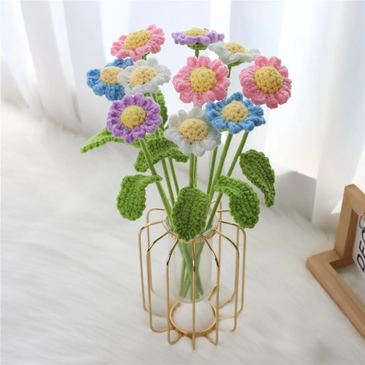 Artificial Knitted Flower Bouquet without Vase, 10pcs/set Creative Handmade Crochet Flower, Home Decor Supplies for Living Room Bedroom Dining Room