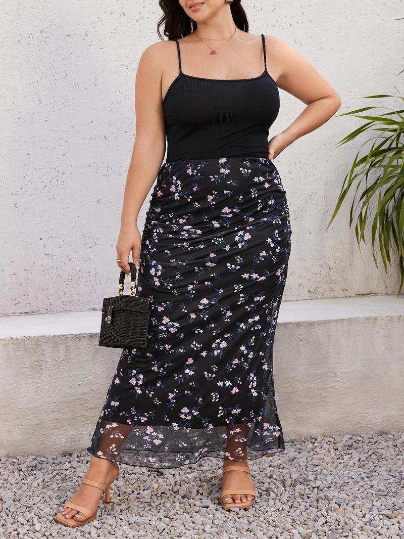 Product Introduction of CURVZY Plus Size Autumn Aesthetic Floral Print Ruched Mesh Skirt, Boho Fashion Long Skirt For Daily Holiday Vacation Wear, Women Plus Clothing For Summer & Autumn 18