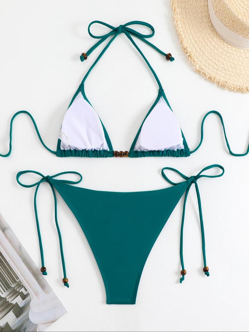 Product Introduction of Two-Piece Set Women's Solid Beaded Tie Back Bikini Set, Boho Fashion Halter Triangle Swim Top & Tie Side Swim Bottom for Beach Holiday Vacation, Ladies Summer Clothes 2