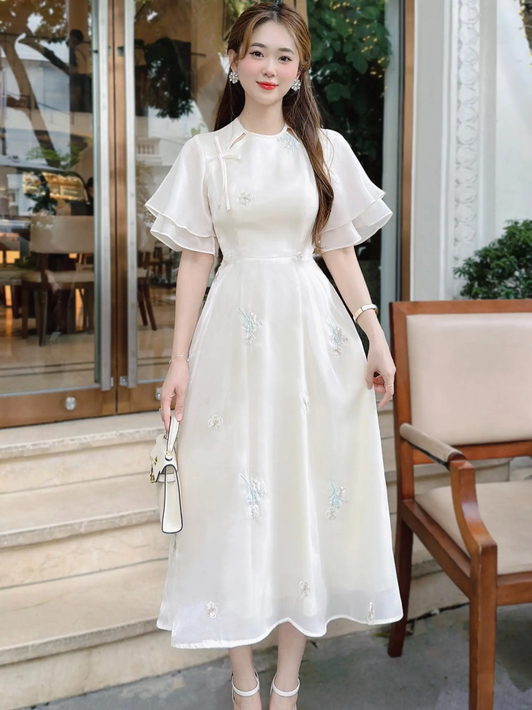 V553 Váy tơ nến phối họa tiết thêu, váy công sở, váy đi dạy nhẹ nhàng, kín đáo, váy Nữ đi tiệc