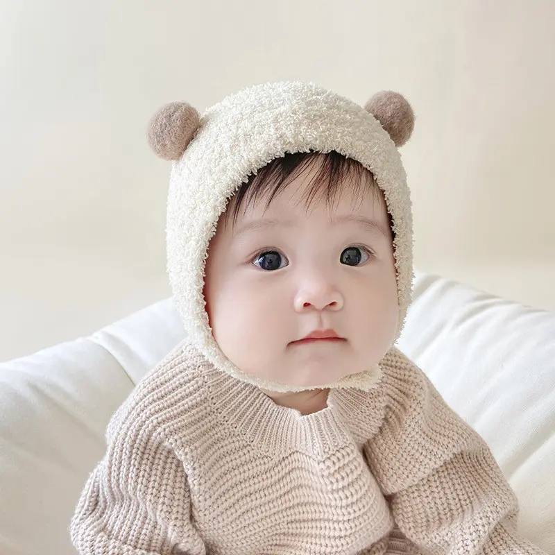 Mũ Len Dệt Kim, Ấm Áp Mùa Đông, Thiết Kế Dễ Thương, Có Bảo Vệ Tai, Có Nút, Thích Hợp Cho Mùa Thu Và Mùa Đông, Mũ Ấm Lông Cừu Nhồi Bông Cho Trẻ Em, Trẻ Em Và Trẻ Sơ Sinh 5