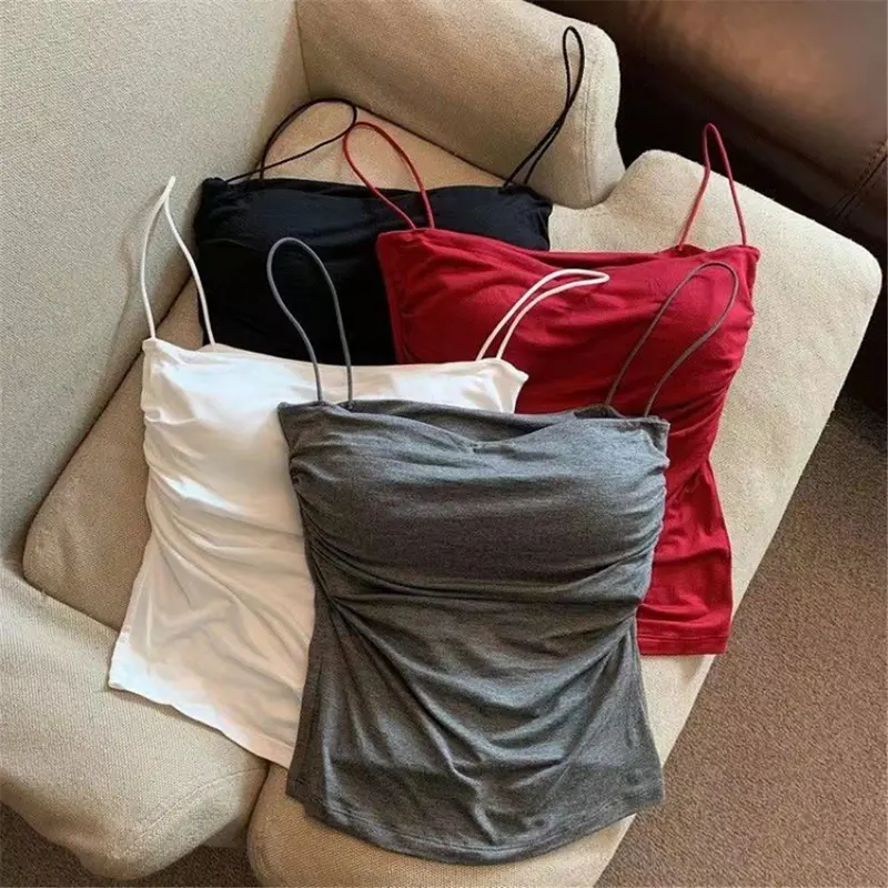 Áo Vest Hai Dây Xếp Ly Màu Đỏ Rượu Vang Gợi Cảm, Cô Gái Nóng Bỏng, Dành Cho Nữ, Áo Không Tay Mùa Hè, Có Dây Đeo Vai Mỏng, DDUN Top Women Kem 8