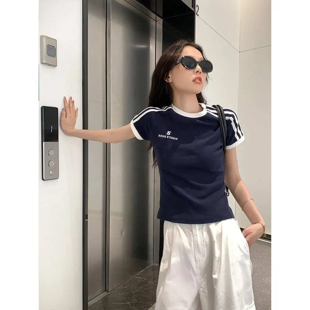 Striped Shoulder Short Sleeve T-shirt for Women 2025 Summer New Short Slim Fit Hot Girl Half Sleeve Top Fashion