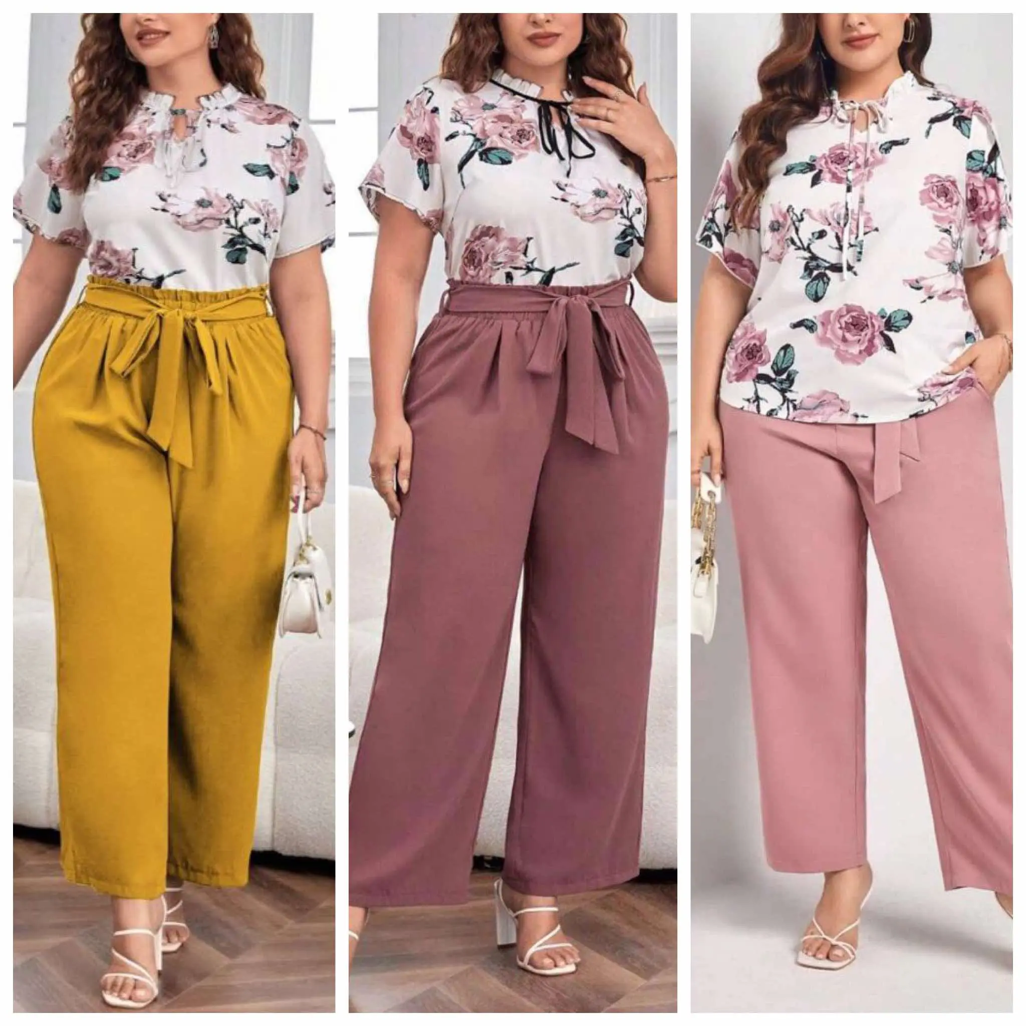 Terno floral plus size tie neck terno (top and pants)