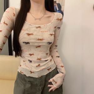 Áo thun nữ dài tay với họa tiết chó ngọt ngào quyến rũ, thiết kế mùa thu, ôm dáng, áo lót độc đáo.