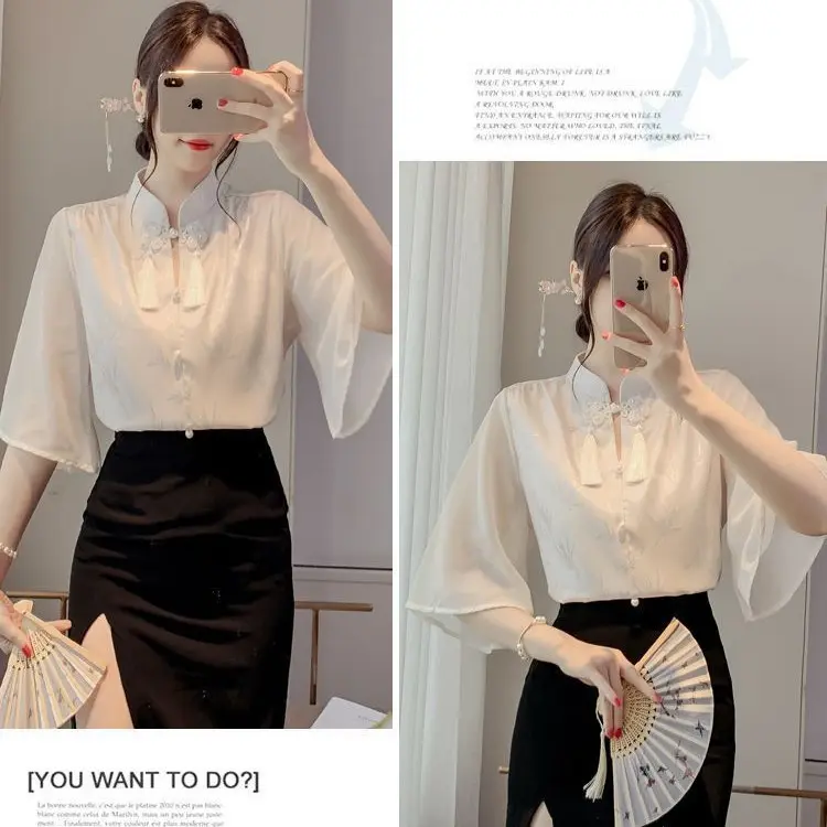 Áo Cánh Phong Cách Trung Quốc Dành Cho Phụ Nữ, Dáng Rộng Vừa Vặn, ngắn Tay Áo, Áo Sơ Mi Trắng, Ngoại Cỡ, Thời Trang, Thanh Lịch, Áo Cổ Điển 8