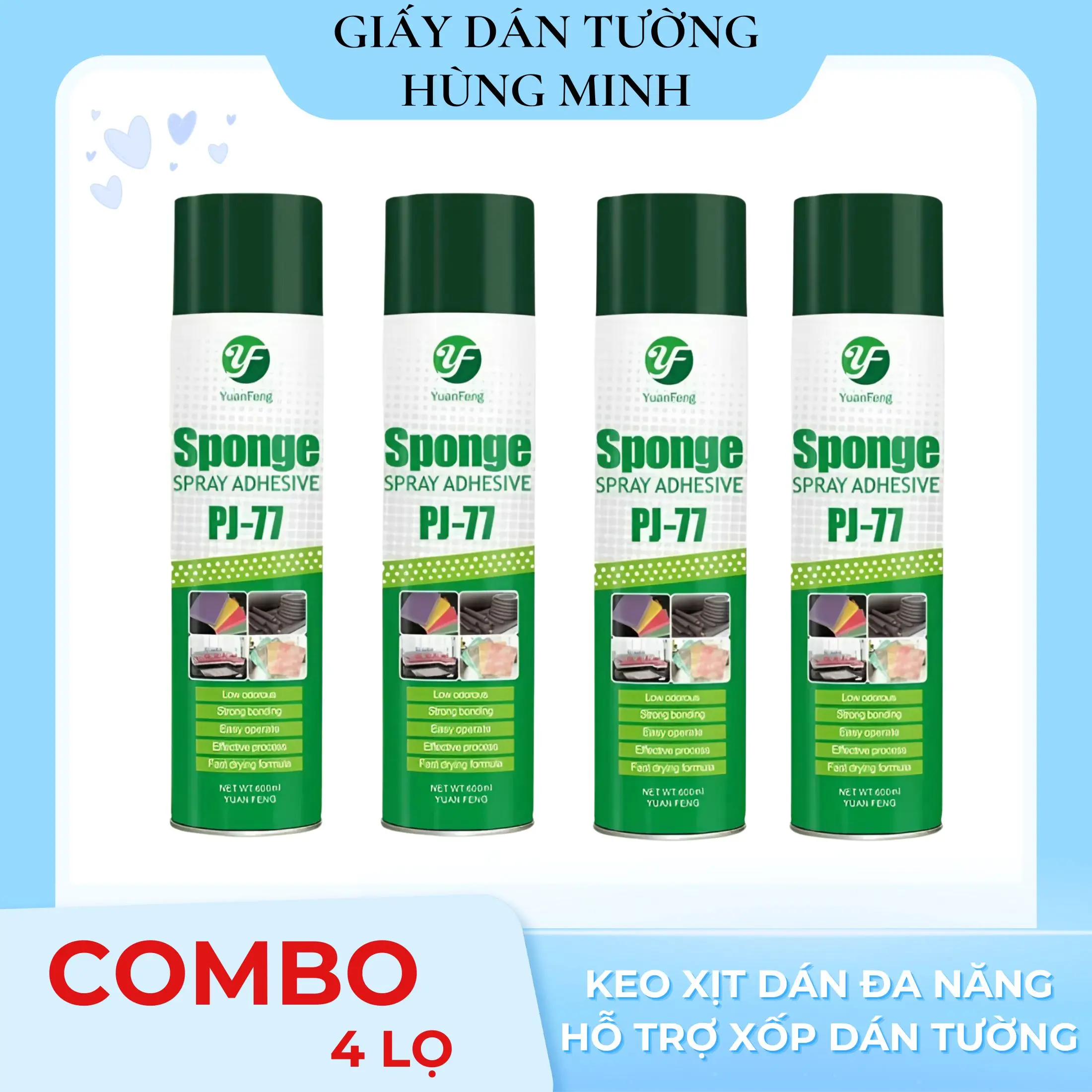 [ COMBO 4 LỌ ] Keo Xịt Dán Đa Năng Siêu Dính Sponge PJ-77 Hỗ Trợ Xốp Giấy Dán Tường Thi Công Dạng Phun Không Mùi Dung Tích 600Ml Tiện Lợi Dễ Sử Dụng