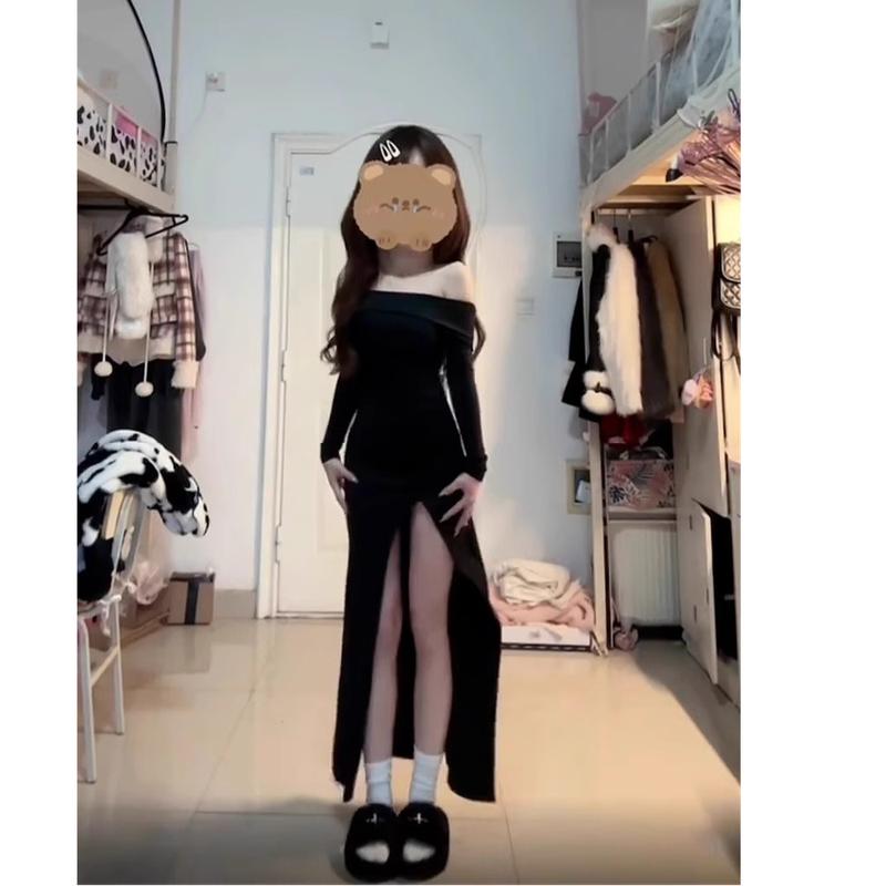 Váy Xẻ Tà Trễ Vai, Màu Đen, Gợi Cảm Và Mỏng Vừa Vặn, Dành Cho Phụ Nữ, Thích Hợp Cho Mùa Xuân Và Mùa Thu, Váy Dài Bodycon Hàng Mới Về 0