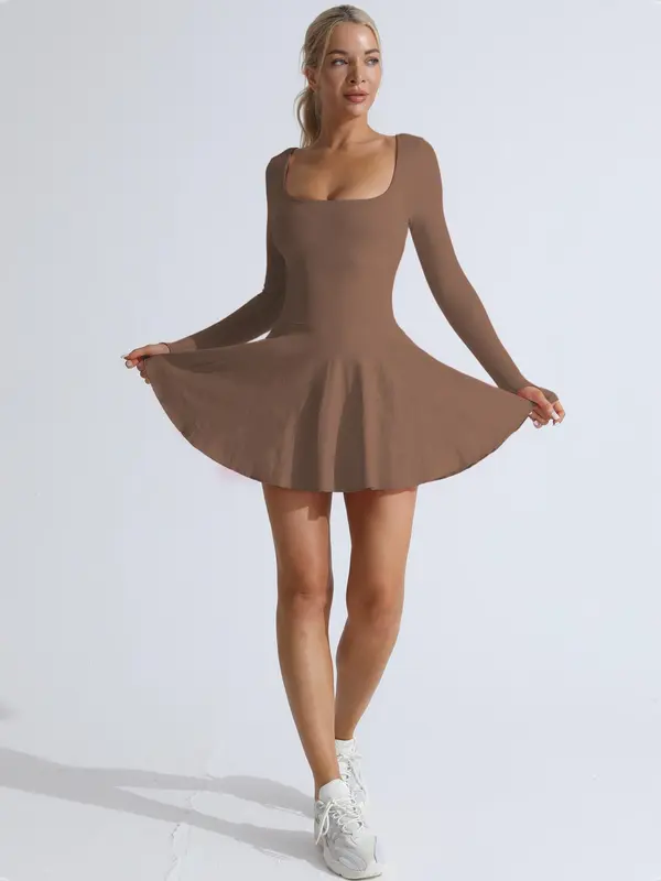 Women's Solid Criss Cross Backless 2 in 1 Sports Dress, Long Sleeve Square Neck Tennis Dress, Gym Wear, Ladies Sportswear for Indoor Outdoor Wear Valentine's Day, Gift, Activewear 4