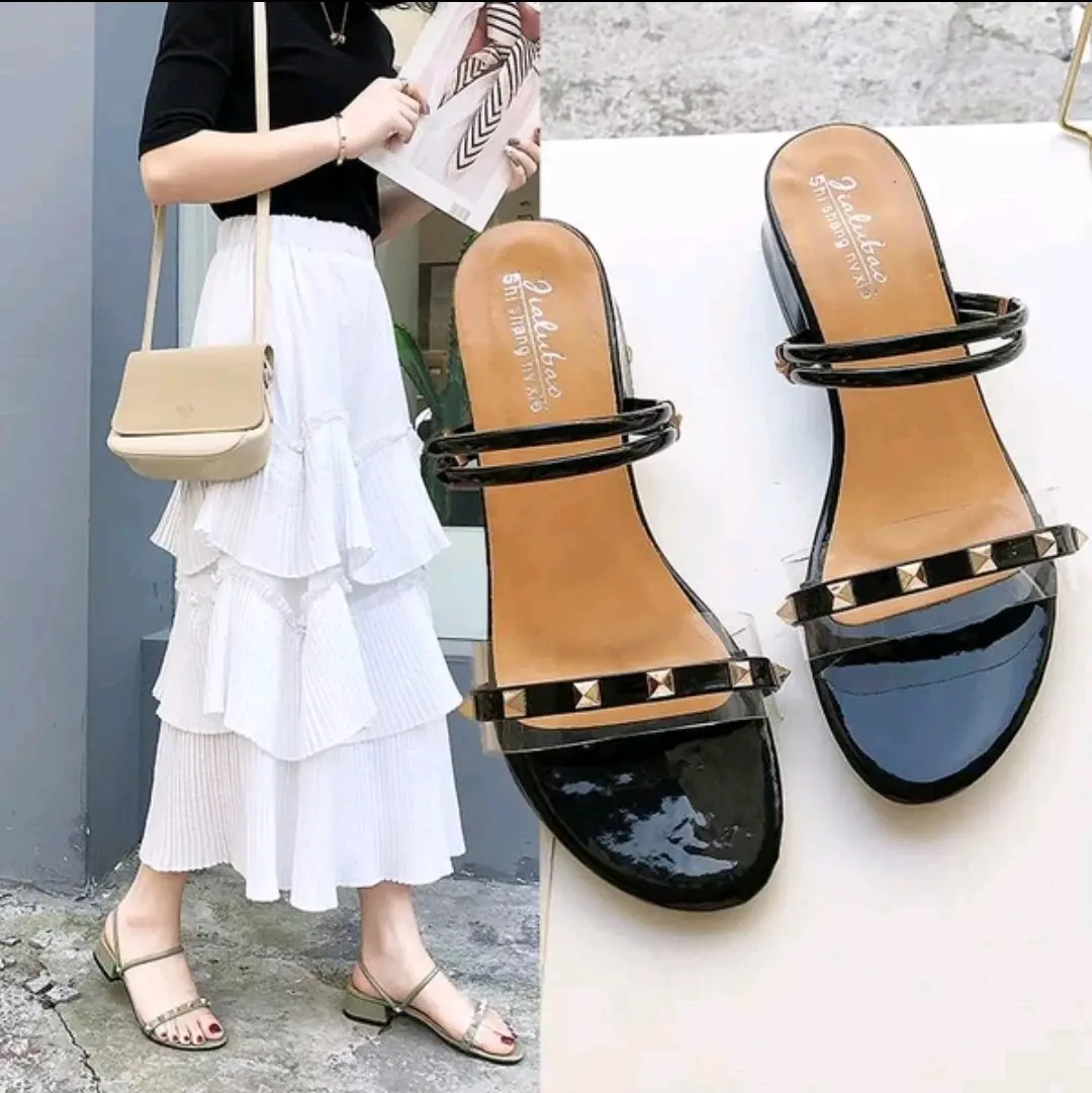 Sandal Heels Wanita Hak 3 Cm Mika Piramid Hak Pendek (1-3 cm) Hitam Putih
