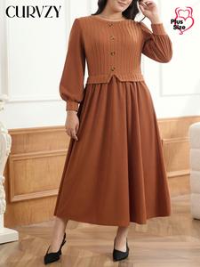 CURVZY Plus Size Solid Button Split Hem Long Sleeve Dress, Casual Round Neck Dress for Fall & Winter, Women's Clothes for Daily Wear