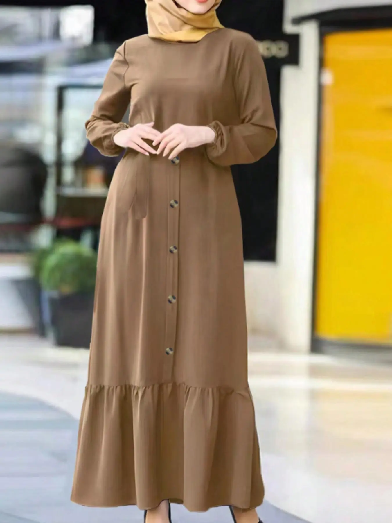 Women's Plain Button Front Belted Ruffle Hem Dress, Elegant Bishop Sleeve Maxi Dress for Daily Wear, Ladies Clothes for All Seasons